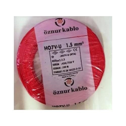 Öznur 1,5 mm2 Nya Kablo Tek Damar Kırmızı 100mt