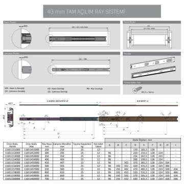 Samet Galvanizli Teleskopik Çekmece Rayı 43x350
