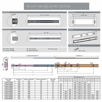 Samet Galvanizli Teleskopik Çekmece Rayı 46x500