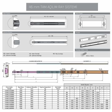Samet Galvanizli Teleskopik Çekmece Rayı 46x500
