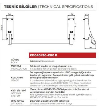 Kale KD040/30-280B Panik Bar Acil Çıkış Kapısı