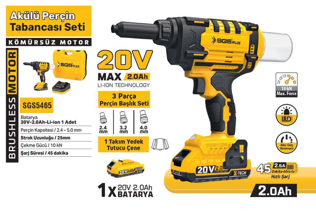Sgs SGS5465 Tek Akülü 20V 2.0Ah Perçin Tabancası