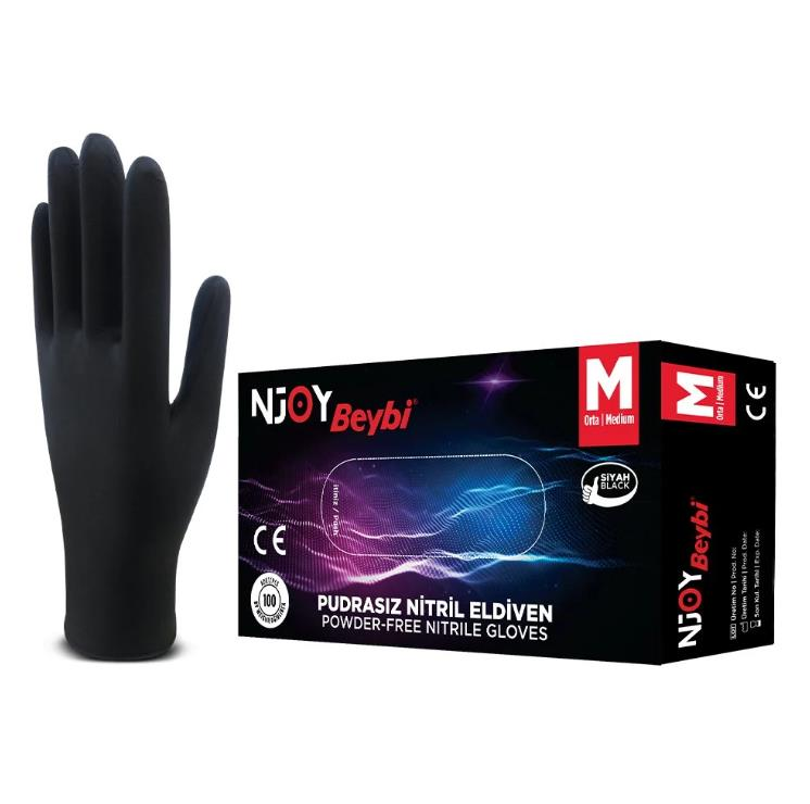 Beybi Njoy Siyah Lateks Pudrasız Eldiven M 100 Lü