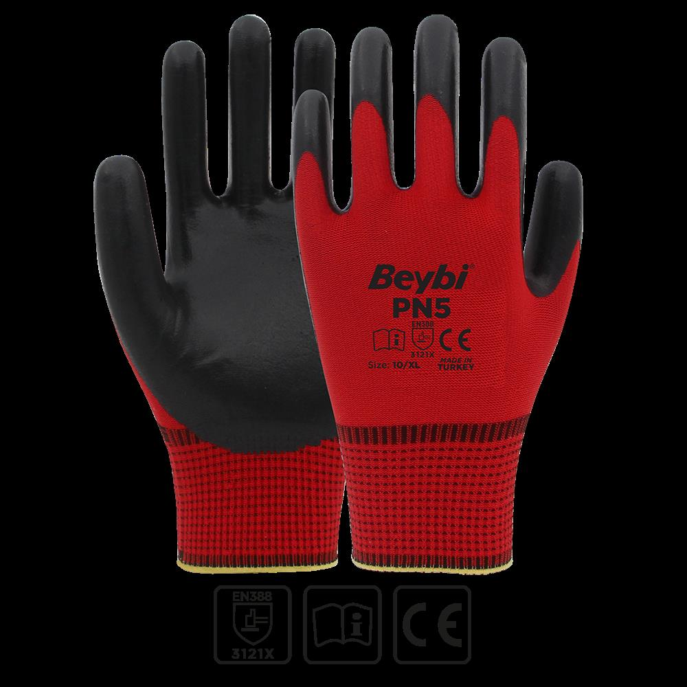 Beybi Pn5 Polyester Örme Kırmızı Siyah Eldiven 10