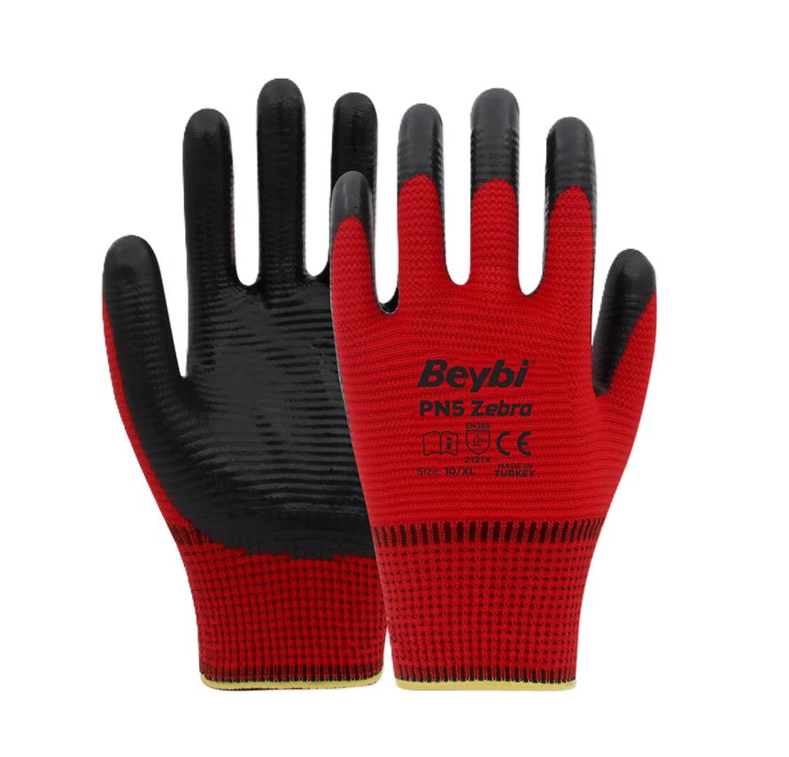 Beybi Pn5 Zebra Poly.Örme Kırmızı Siyah Eldiven