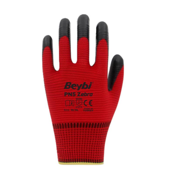 Beybi Pn5 Zebra Poly.Örme Kırmızı Siyah Eldiven